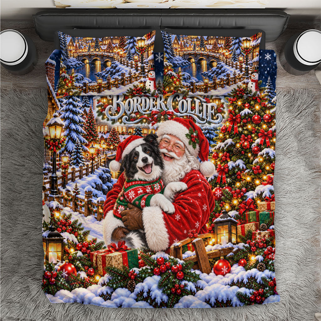 Border Collie Santa Claus Bedding Set Christmas Winter Snowy Village Starry Night