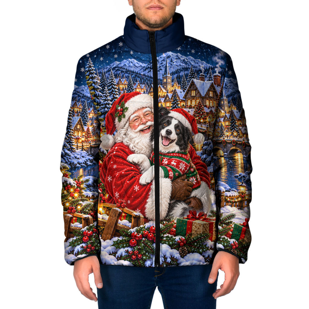 Border Collie Santa Claus Padded Jacket Christmas Winter Snowy Village Starry Night