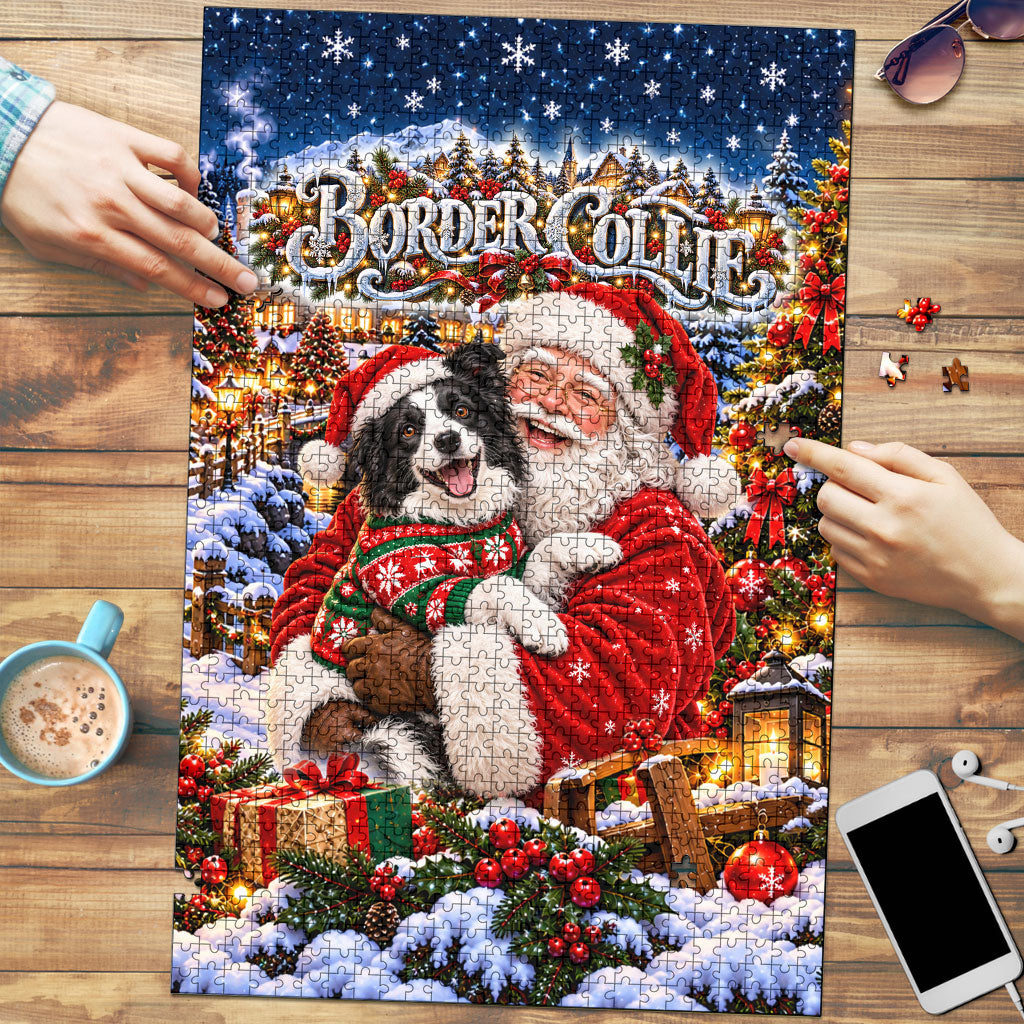 Border Collie Santa Claus Puzzle Christmas Winter Snowy Village Starry Night