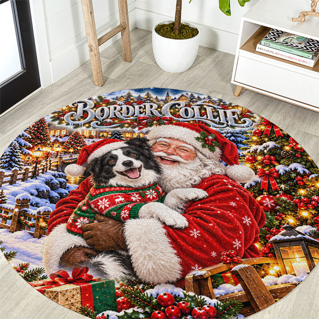 Border Collie Santa Claus Round Carpet Christmas Winter Snowy Village Starry Night