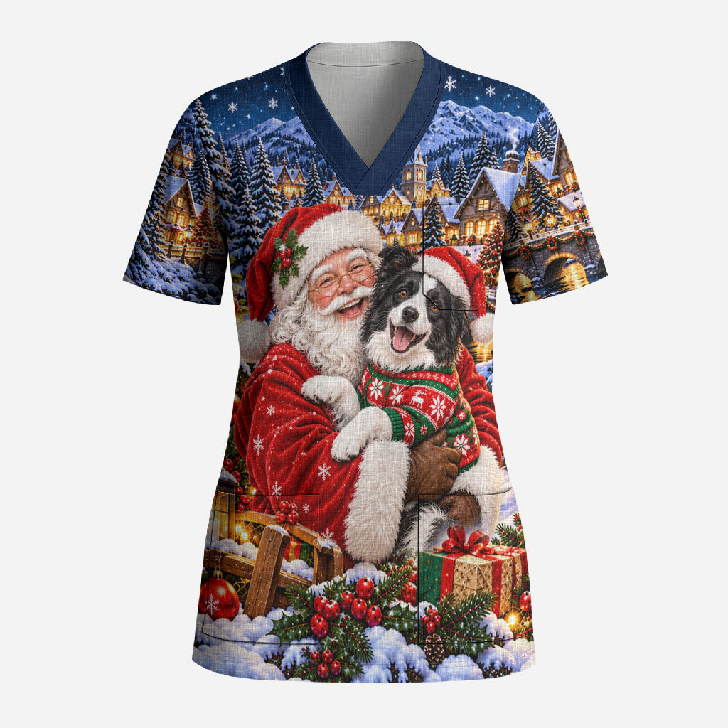 Border Collie Santa Claus Scrub Top Christmas Winter Snowy Village Starry Night