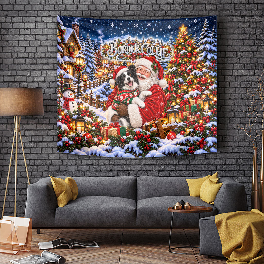 Border Collie Santa Claus Tapestry Christmas Winter Snowy Village Starry Night