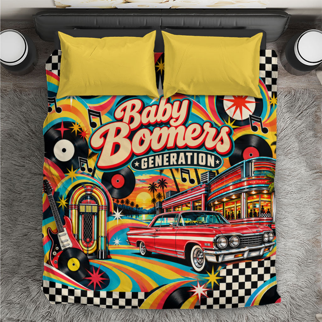 Baby Boomers Generation Bedding Set Vintage Retro Classic Car And Vinyl Records Nostalgia