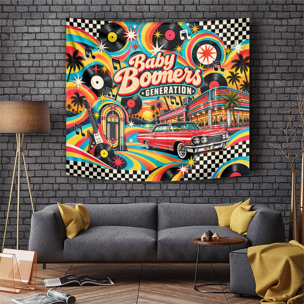 Baby Boomers Generation Tapestry Vintage Retro Classic Car And Vinyl Records Nostalgia