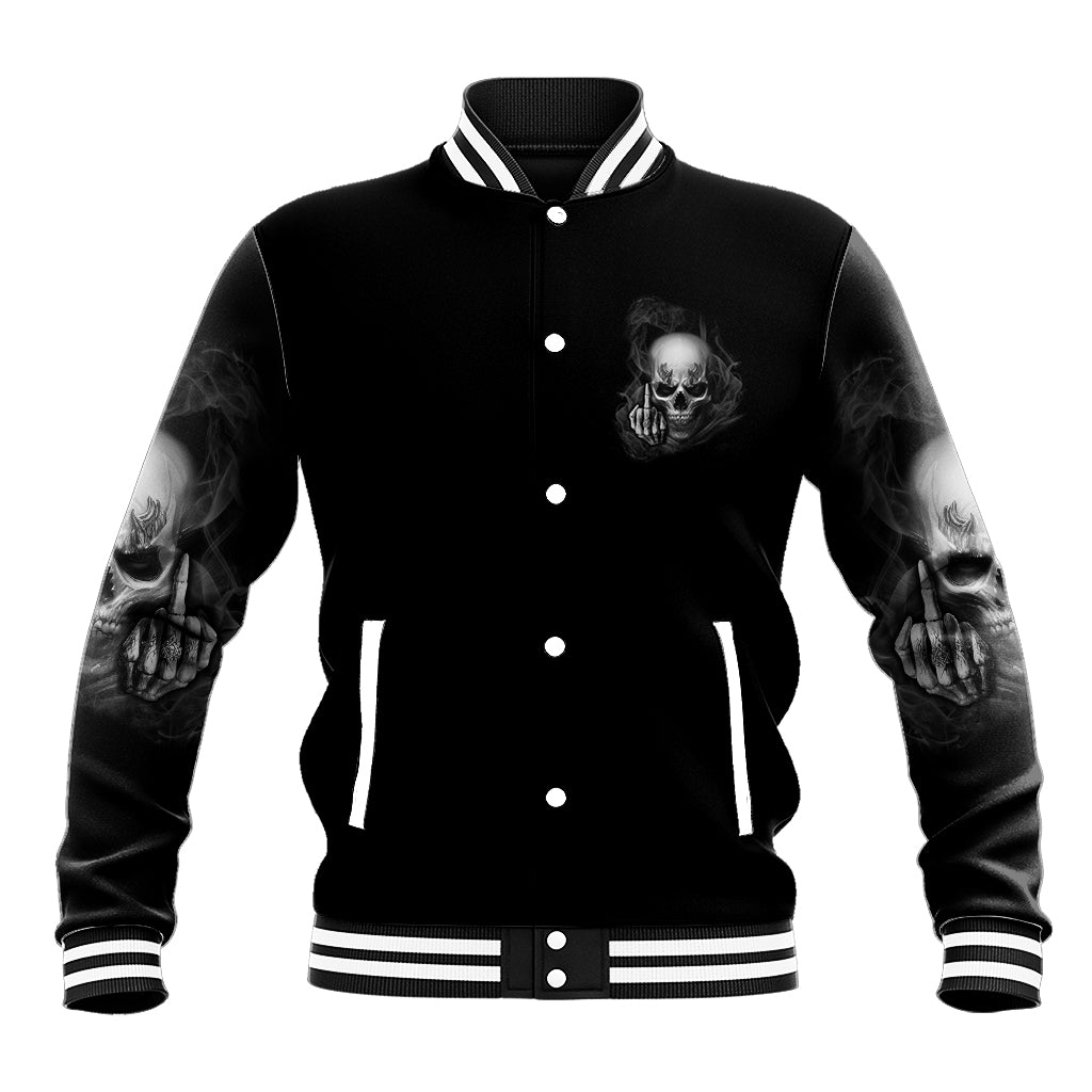 Black skull varsity baseball jacket, button front, striped rib trim, chest skull patch