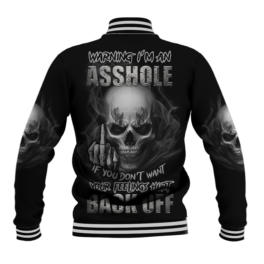 Black skull baseball jacket, striped rib collar and cuffs, large back graphic with text