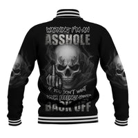Black skull baseball jacket, striped rib collar and cuffs, large back graphic with text