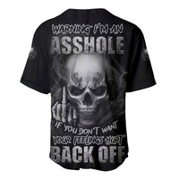 Black baseball jersey with back skull graphic and button placket