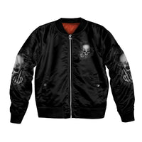 Black bomber jacket with front zip, skull emblem on chest, ribbed trim, red lining