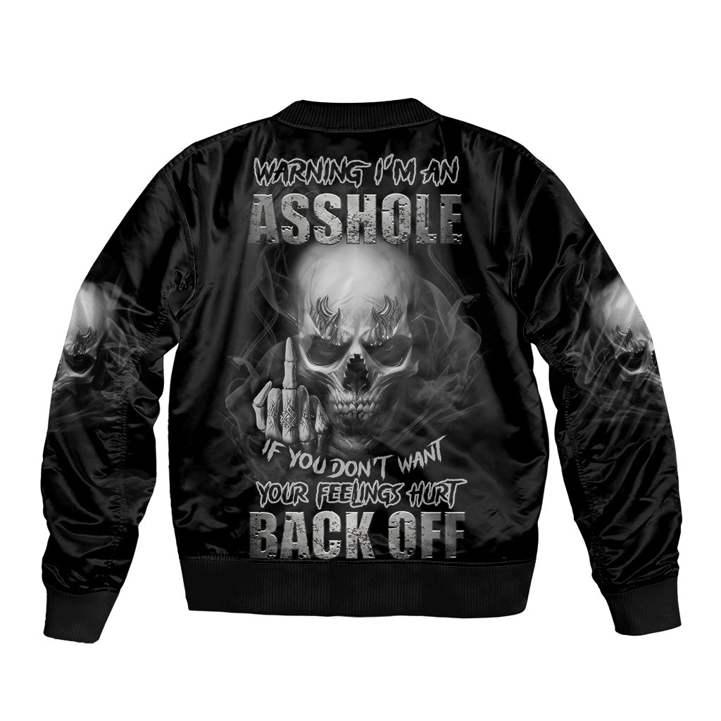 Black bomber jacket with ribbed cuffs, large skull text graphic on back, smoke sleeves