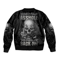 Black bomber jacket with ribbed cuffs, large skull text graphic on back, smoke sleeves