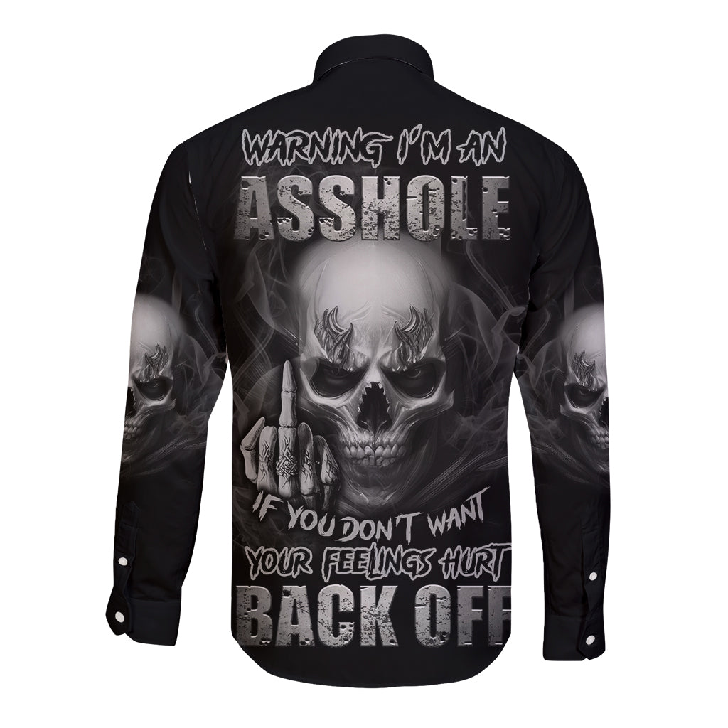Black long-sleeve button shirt with large skull and warning text, back graphic.