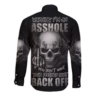 Black long-sleeve button shirt with large skull and warning text, back graphic.