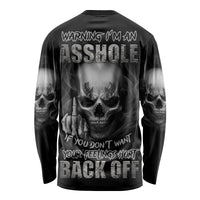 Unisex black long-sleeve shirt with large skull graphic and warning text on back