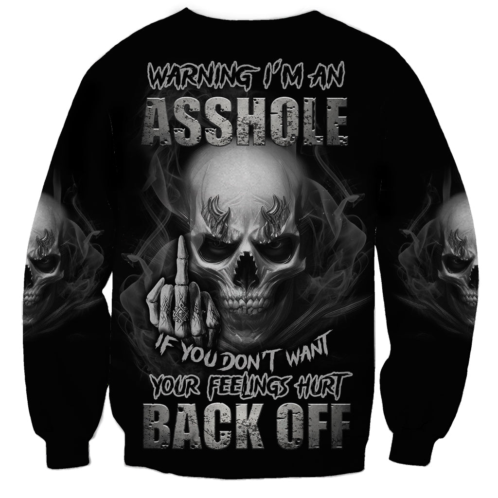 Black unisex skull warning graphic sweatshirt, front text and flames with skull