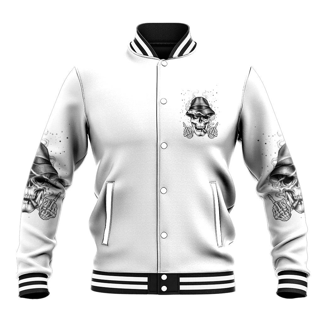 Unisex white baseball jacket with skull chest graphic, black ribbed collar and cuffs