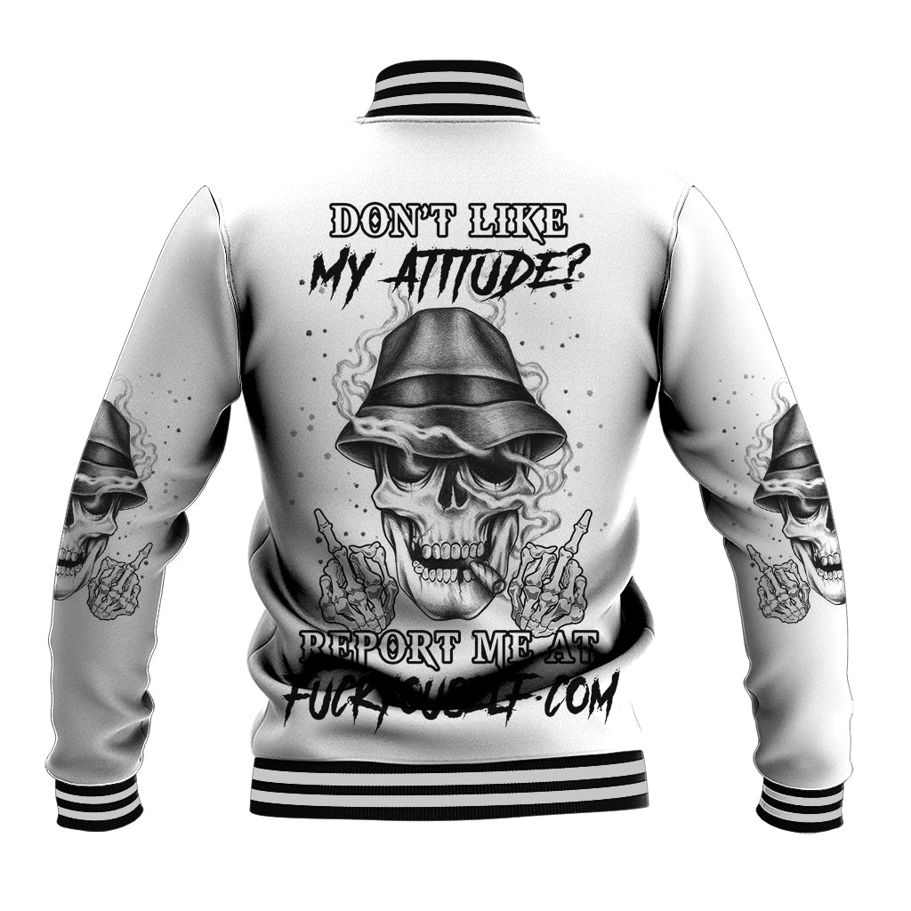 Unisex white baseball jacket with skull print, black ribbed trim, snap-button front