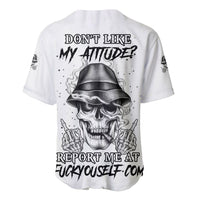 White baseball jersey with back skull graphic and text print