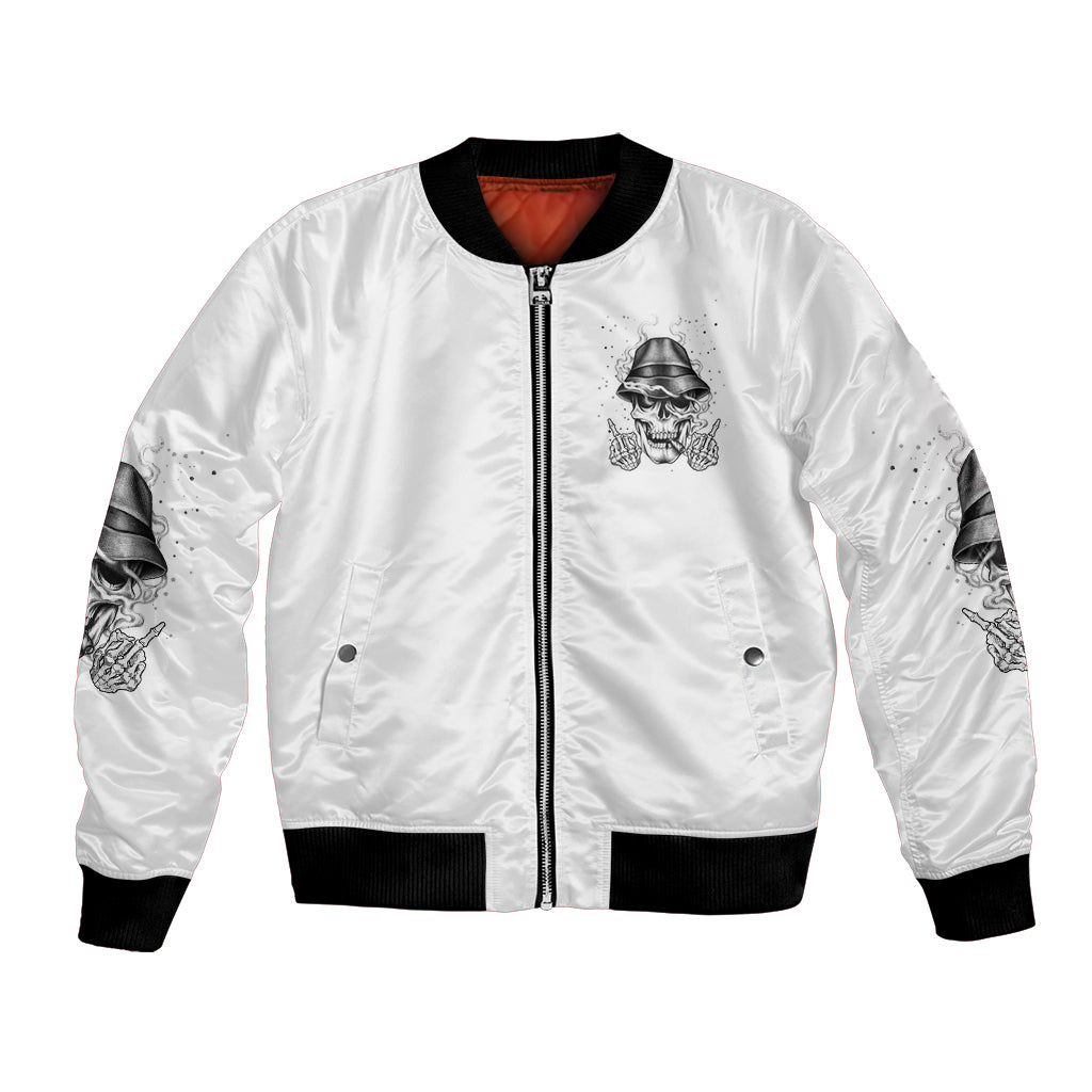 White bomber jacket with front zipper, ribbed cuffs, skull graphic on chest