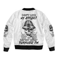White bomber jacket with ribbed hem and cuffs, large back skull graphic and text
