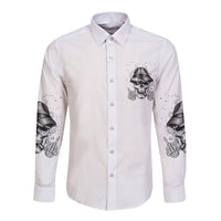 White long-sleeve button shirt with front skull graphic and sleeve illustrations