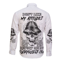 White long-sleeve button shirt with large back graphic skull and text