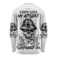 Unisex long sleeve shirt with graphic back: skull in fedora and warning text