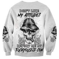 Grey crewneck sweatshirt with back skull graphic and attitude text