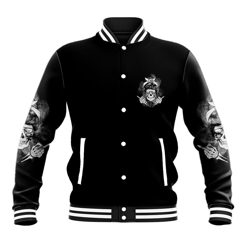 Black baseball jacket with small skull graphic, snap buttons, and striped ribbed trim