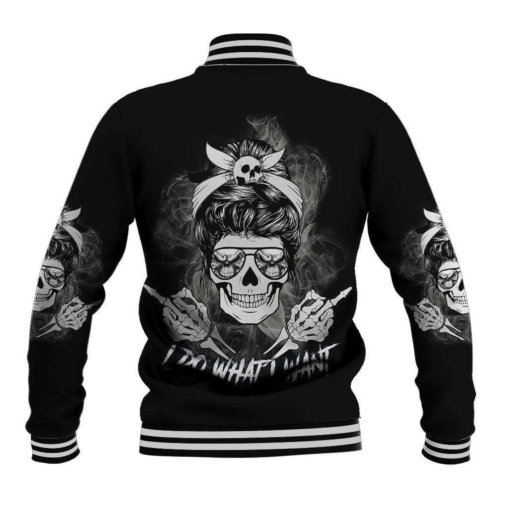 Black baseball jacket with large skull graphic on back and striped ribbed collar