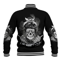 Black baseball jacket with large skull graphic on back and striped ribbed collar
