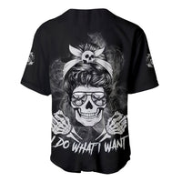 Black baseball jersey with white skull graphic, sunglasses and text, button-front