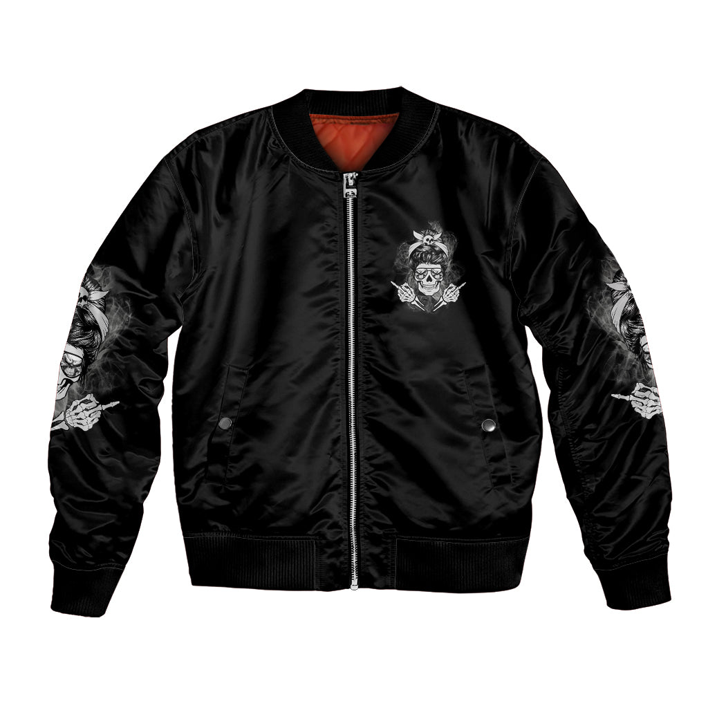 Black bomber jacket with front zipper and small white skull graphic; illustrated sleeves