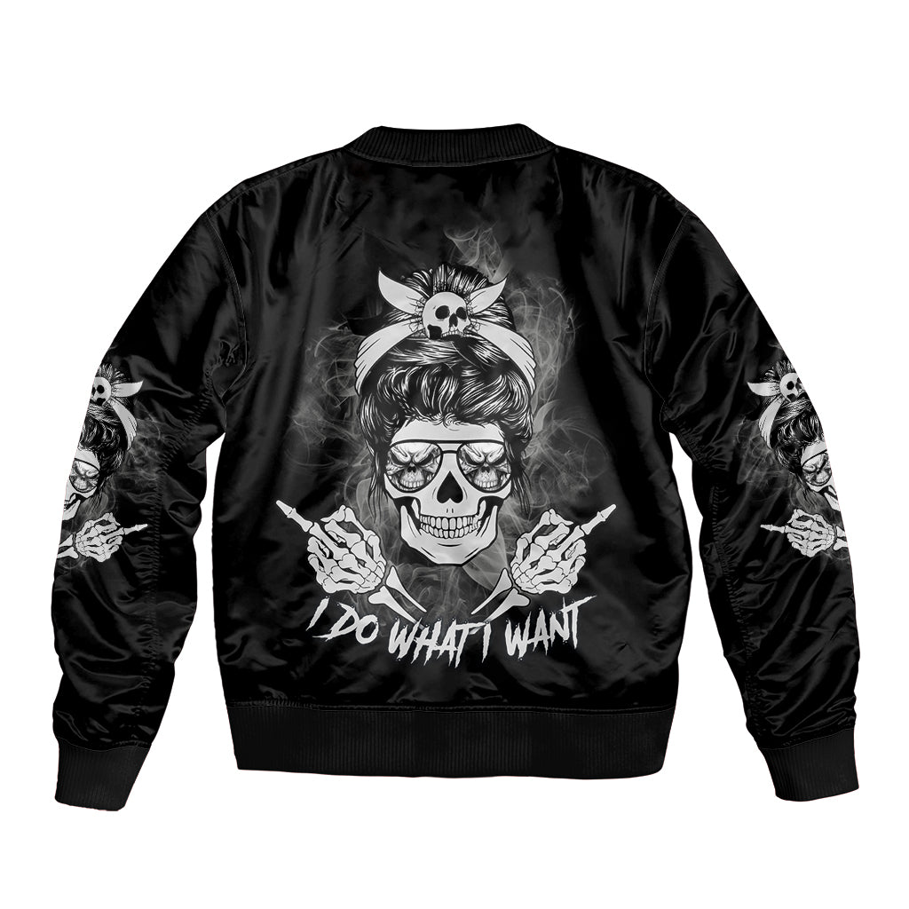 Black bomber jacket with white skull graphic on back, ribbed collar and cuffs