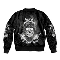 Black bomber jacket with white skull graphic on back, ribbed collar and cuffs