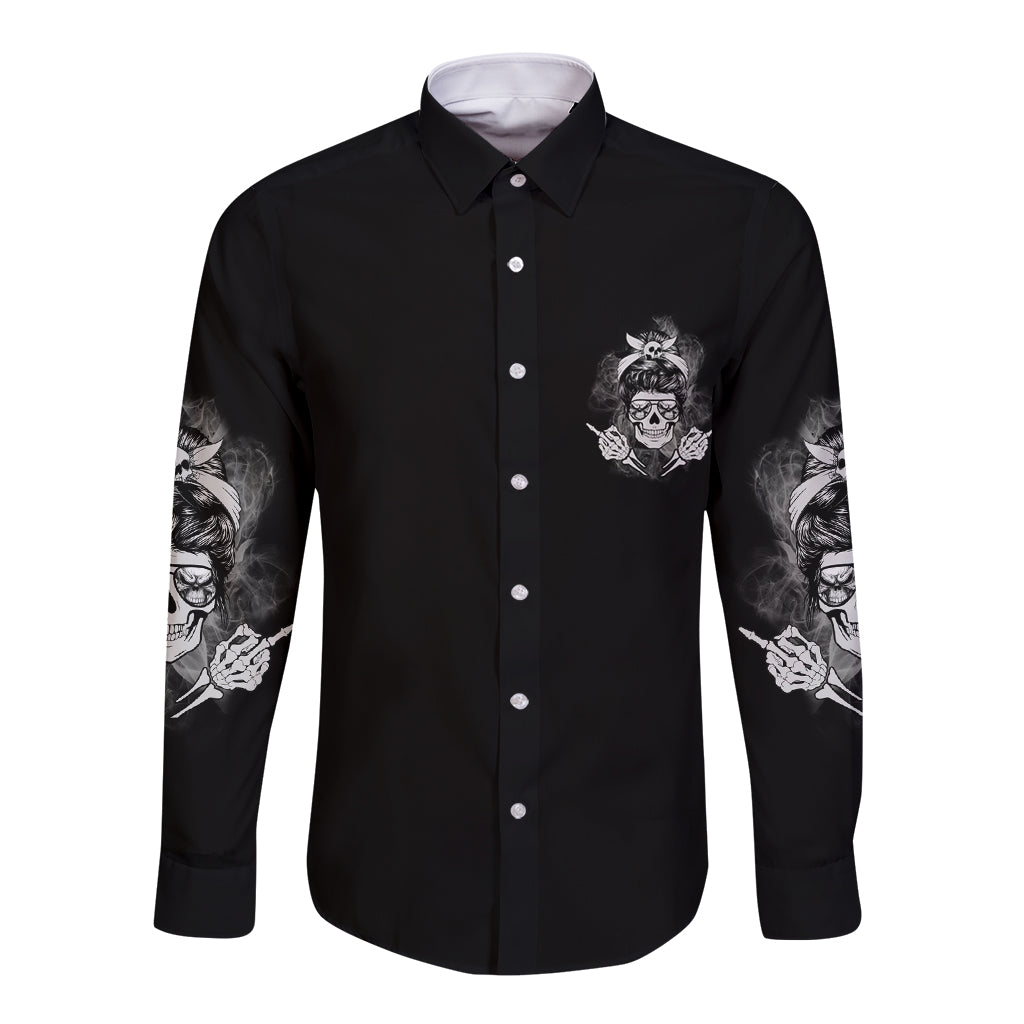 Black long-sleeve button shirt with small skull chest print and sleeve graphics