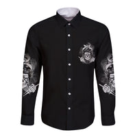 Black long-sleeve button shirt with small skull chest print and sleeve graphics