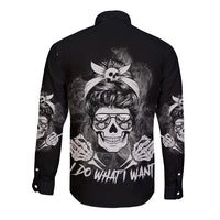 Black long-sleeve button shirt with large skull graphic on back