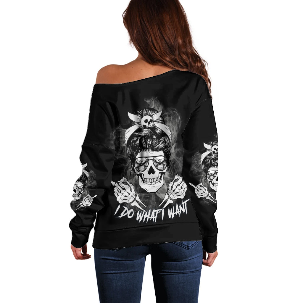 I Do What I Want Skull Black And White Off Shoulder Sweater - Wonder Print Shop