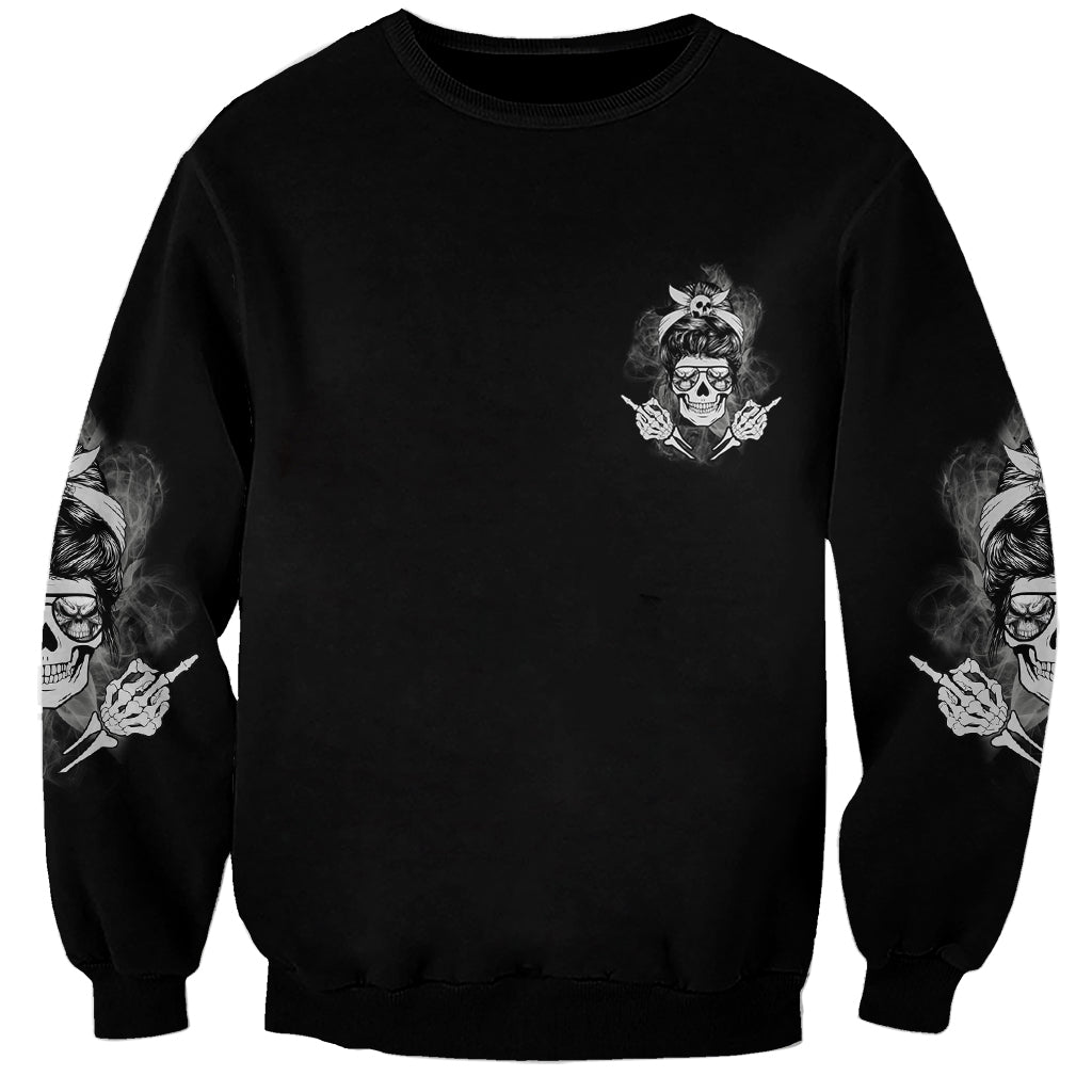 Black unisex sweatshirt with small chest skull graphic, sleeve skull cuffs