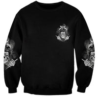 Black unisex sweatshirt with small chest skull graphic, sleeve skull cuffs