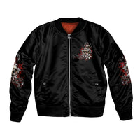 Black bomber jacket with front zipper and embroidered skull angel graphic on chest