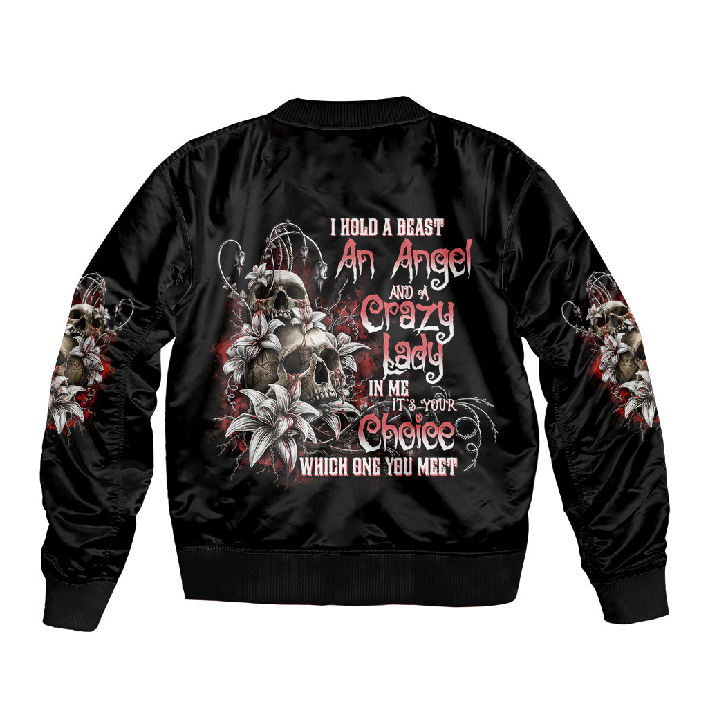 Black satin bomber jacket with ribbed collar and large back graphic skull angel quote