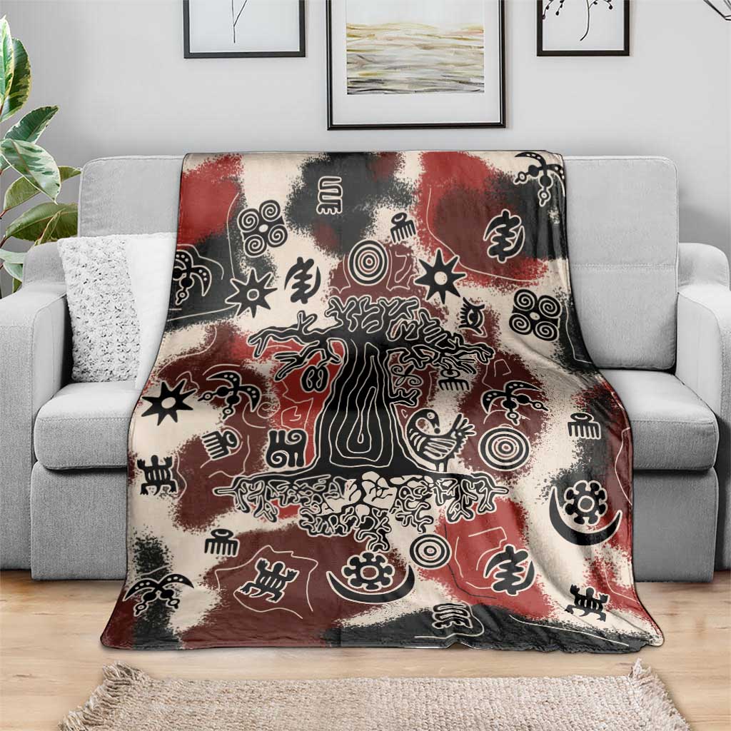 Sacred Heritage Blanket African Abstract Baobab Tree, Ethnic Symbols, and Red-Black Pattern - Wonder Print Shop