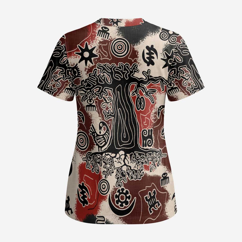 Sacred Heritage Scrub Top African Abstract Baobab Tree, Ethnic Symbols, and Red-Black Pattern - Wonder Print Shop