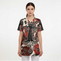 Sacred Heritage Scrub Top African Abstract Baobab Tree, Ethnic Symbols, and Red-Black Pattern - Wonder Print Shop