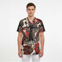 Sacred Heritage Scrub Top African Abstract Baobab Tree, Ethnic Symbols, and Red-Black Pattern - Wonder Print Shop