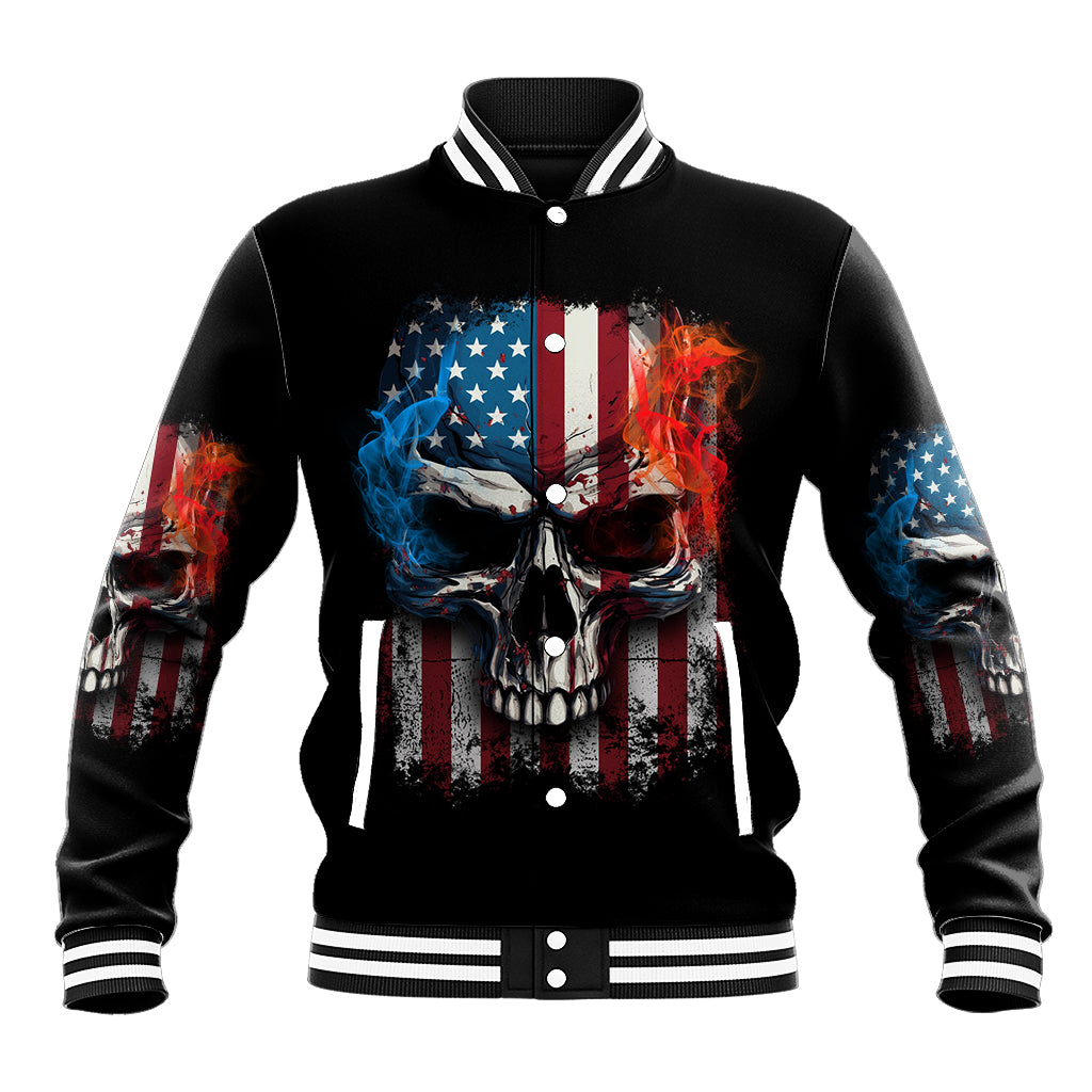 Black baseball jacket with skull flag graphic, snap buttons, striped varsity collar