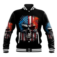 Black baseball jacket with skull flag graphic, snap buttons, striped varsity collar