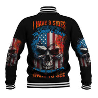 Black skull flag baseball jacket with button front and striped ribbed collar and cuffs